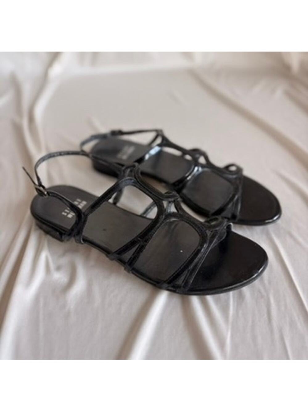 Stuart Weitzman Black Patent Flats - Strappy , Adjustable Ankle Buckle, Size 8